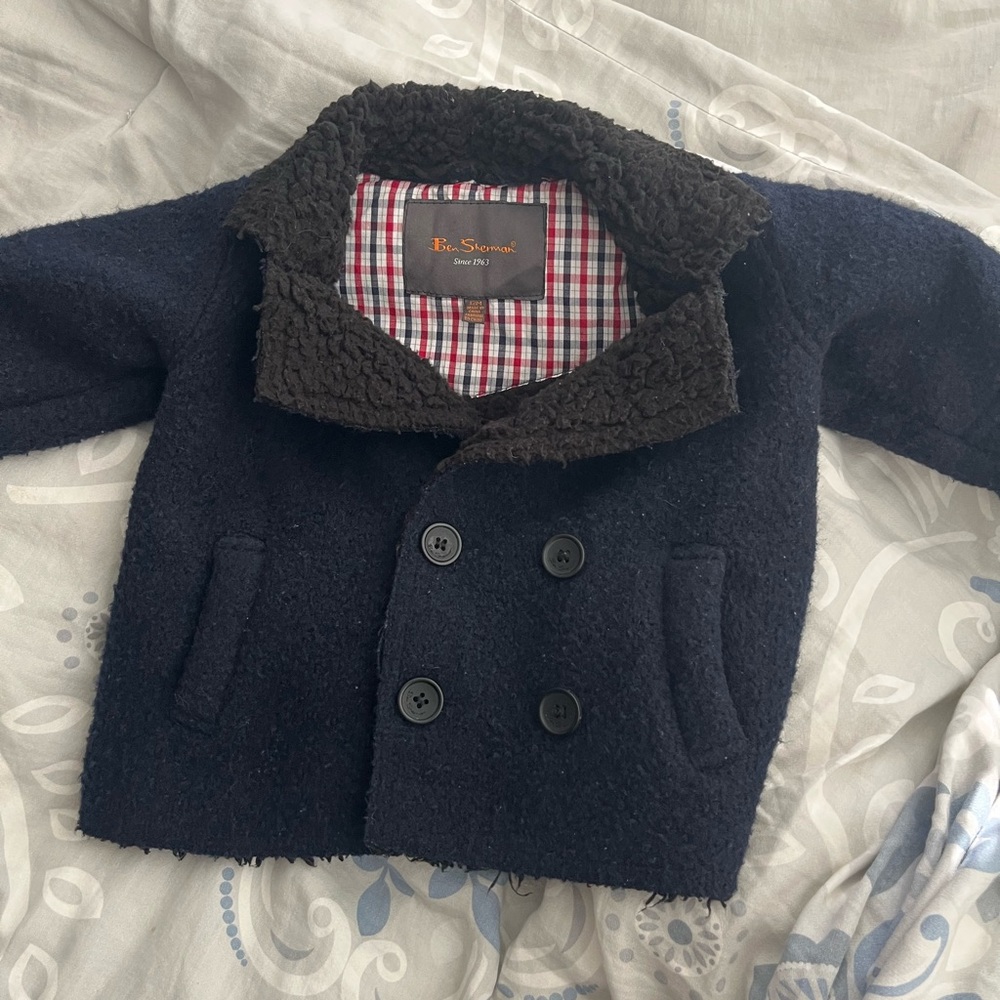 Ben Sherman Navy Blue Pea Coat with Embroidered Logo Warmly lined & washable